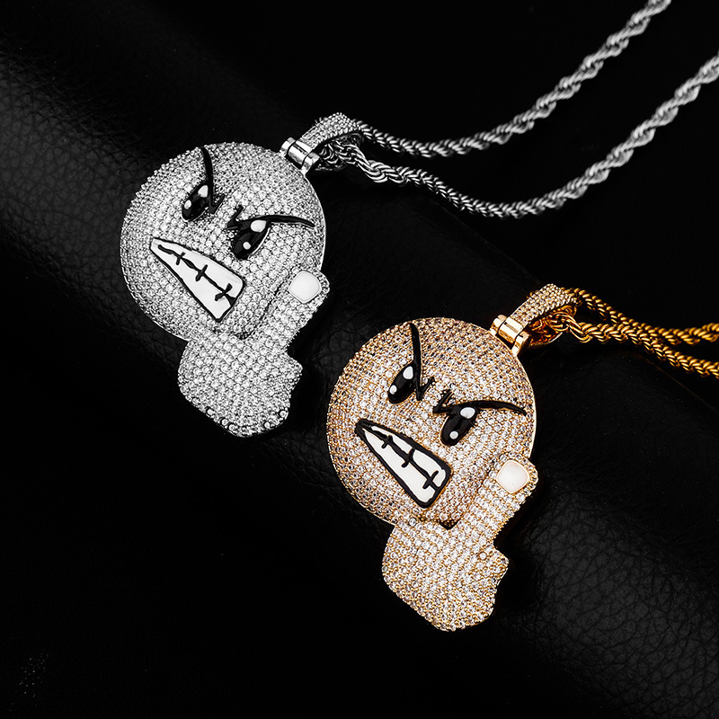 New Emoji Angry The Finger Expression Pendant Copper Set with Zircon Personality Hip Hop Chaoren Necklace