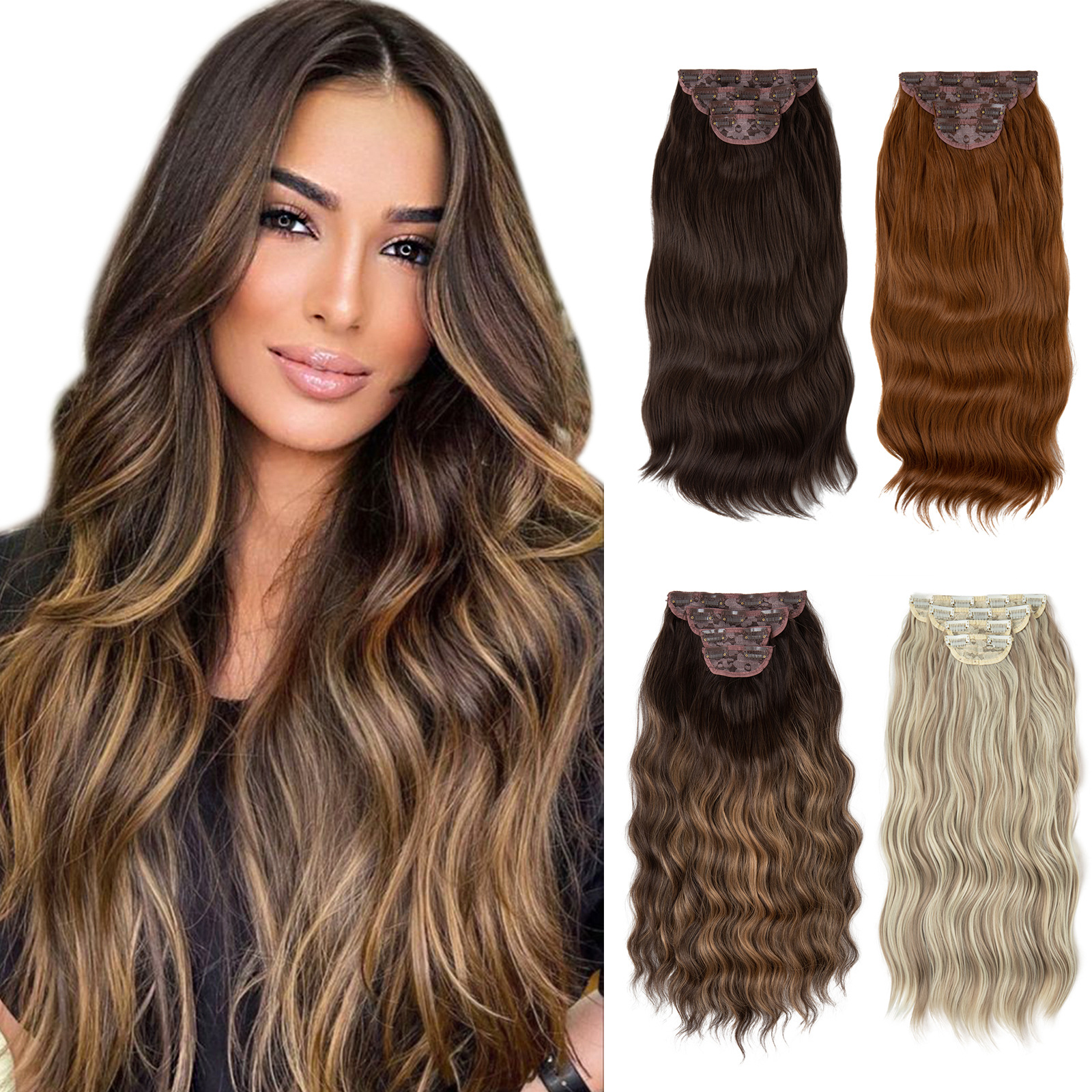 Synthetic hair extensions Wig women's four piece set clip in curly