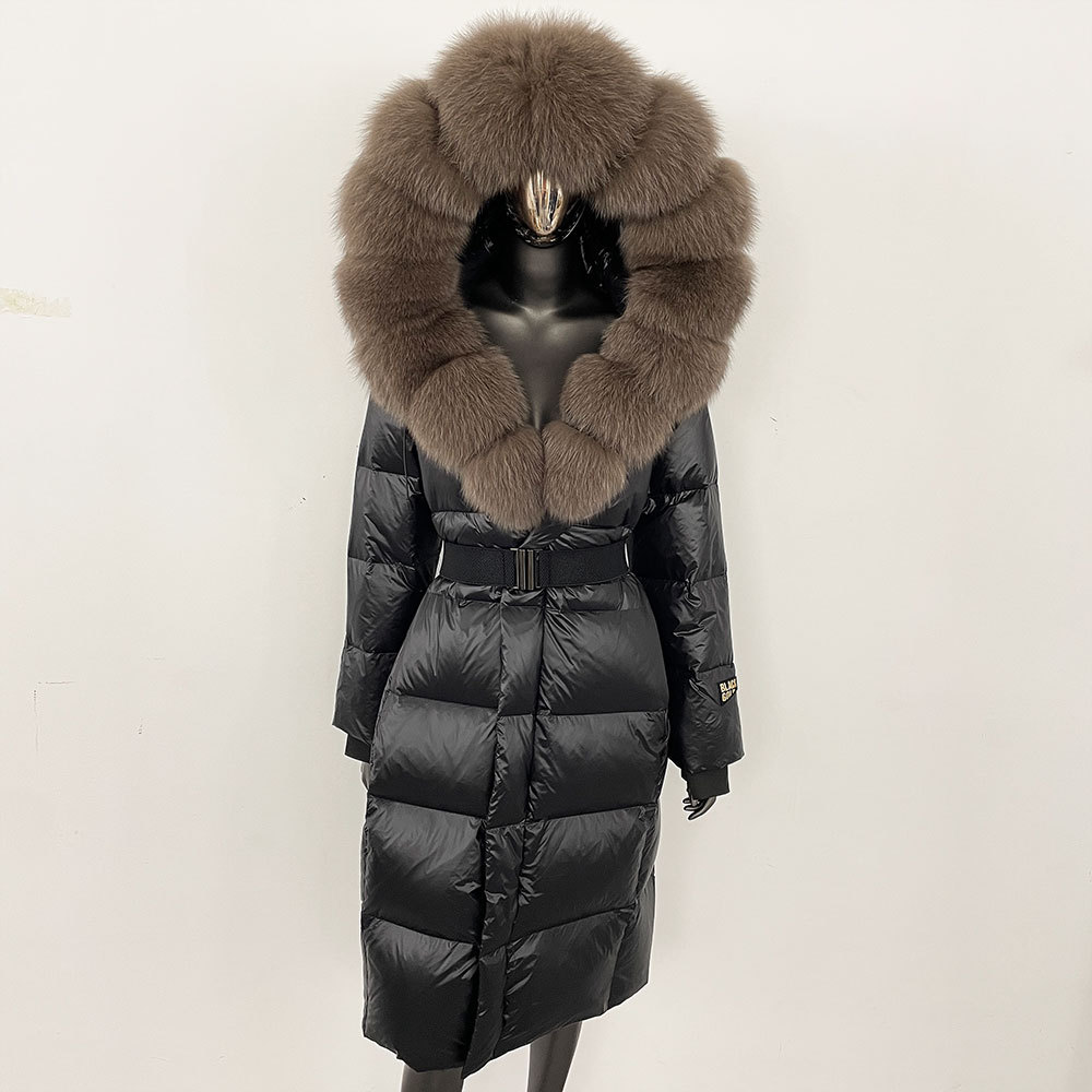 Women's Clothing Fox Fur Collar Long Waist Belt Luxury Fox Fur Trim Hooded Long Down Coat With Belt - Elegant & Warm Winter Jacket For Women