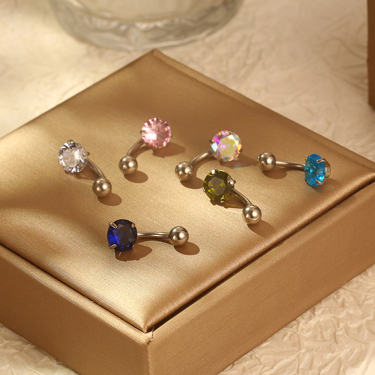 Cross-border new round double-headed zircon sexy navel ring body piercing stainless steel rod navel nail jewelry wholesale