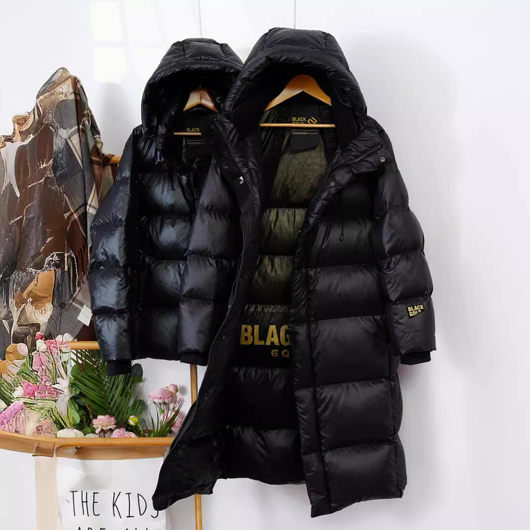 Women's Clothing New High End Black And Gold Goose Down Jacket Long Over Knee Thickened Hooded Couple Jacket Off Season Winter Wear