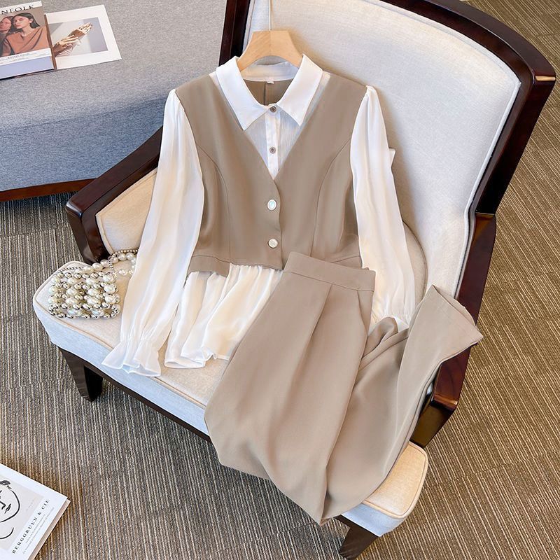 Women’s Clothing Early Autumn Fashion Suit Temperament Age Reducing Slimming Belly Covering Two Piece Shirt Straight Pants Casual Two Piece Suit