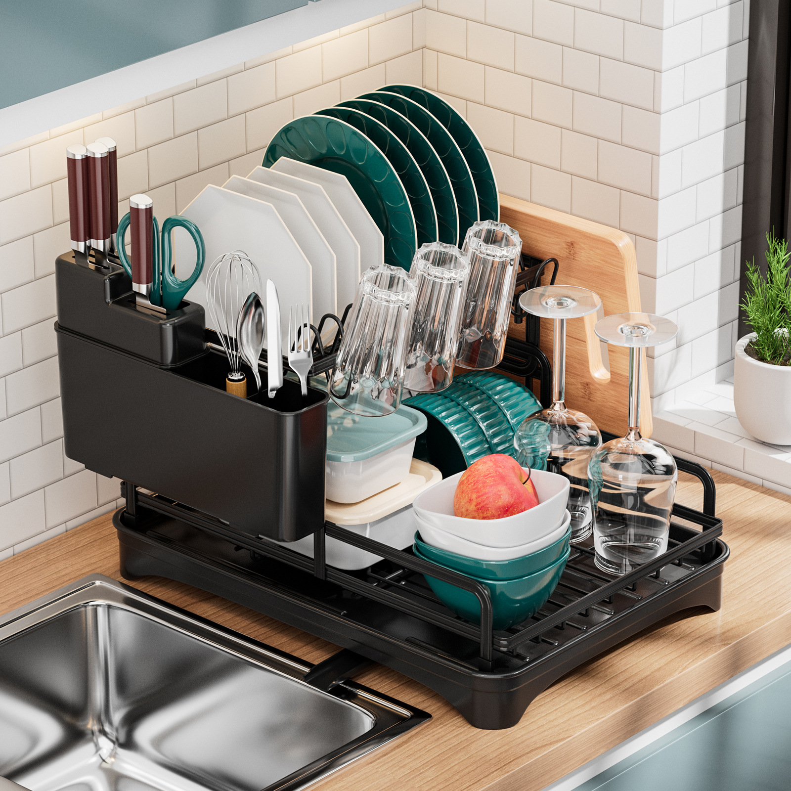 Double-layer Stacked Kitchen Dish Rack Drain Storage Rack Household Cupboard Storage Dishes and Dish Bowl Chopsticks Storage Rack