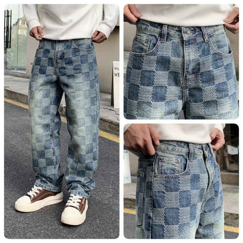 [StreetLuxe] Men's Plaid Wide-Leg Jeans - Hip Hop Streetwear | Relaxed Fit