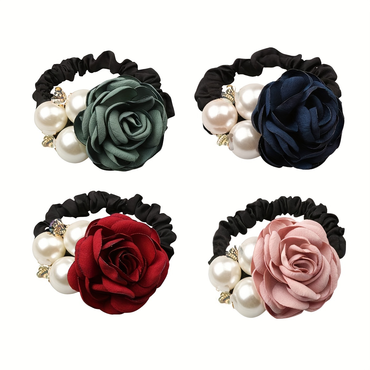 1pc/4pcs Korean Faux Pearl Fabric Rose Flower Hair Ties, Scrunchie, Wide Rubber Band For Women Girls Thick Hair Thin Hair No Damage Elastic Hair Acces