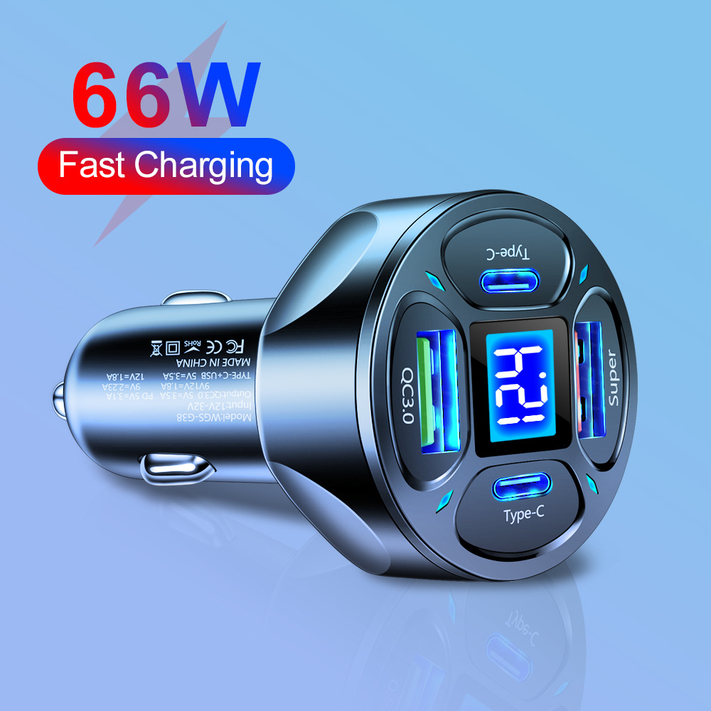 66W 2USB+2Type-c digital display car charger supports super fast charging car charger fast charging car charger
