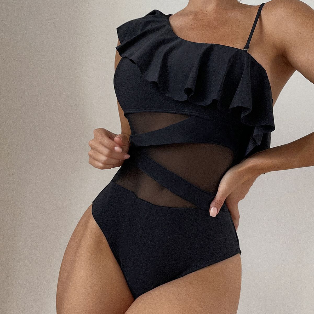 2025 new multi color wood ear edge one shoulder mesh hollow sexy one piece swimsuit female European and American foreign trade bikini