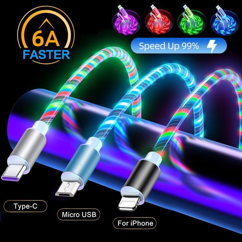6 Colors Flowing Glowing Light Cable Fast Charging Cables For Cell Phone For IPhone / Android Phone Type C