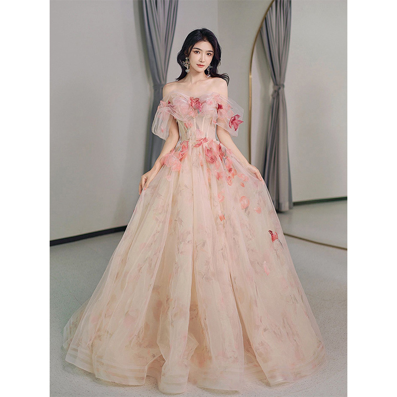 Women's Clothing three dimensional flowers [Her Highness Rose] toast dress bride banquet fairy puffy skirt evening dress female