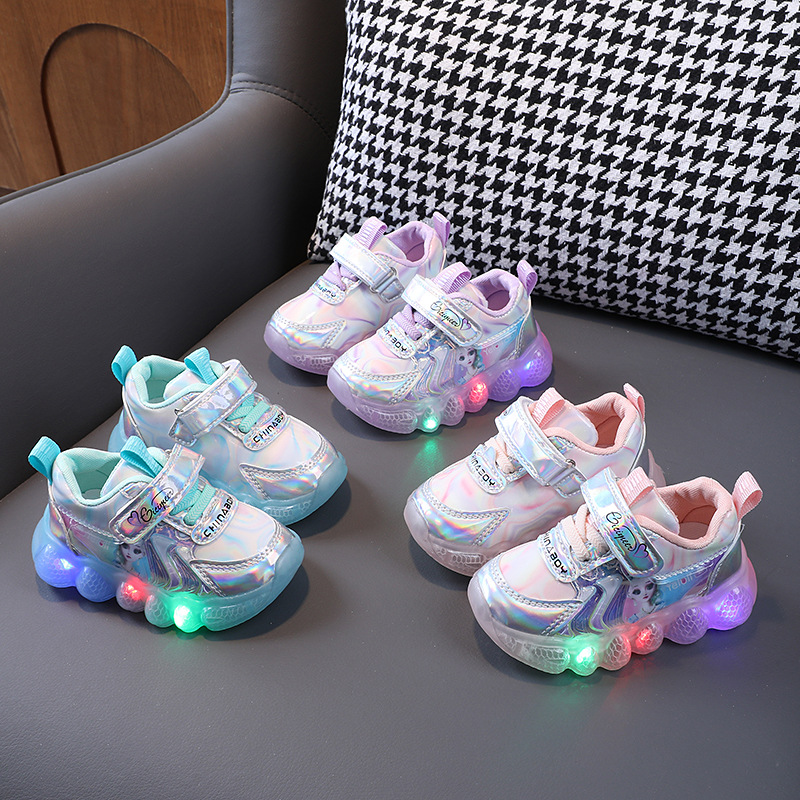 Mother & Kids Light Up Leather Sneakers For Girls Cartoon Princess Shoes Soft Soles Non-slip Toddler Shoes