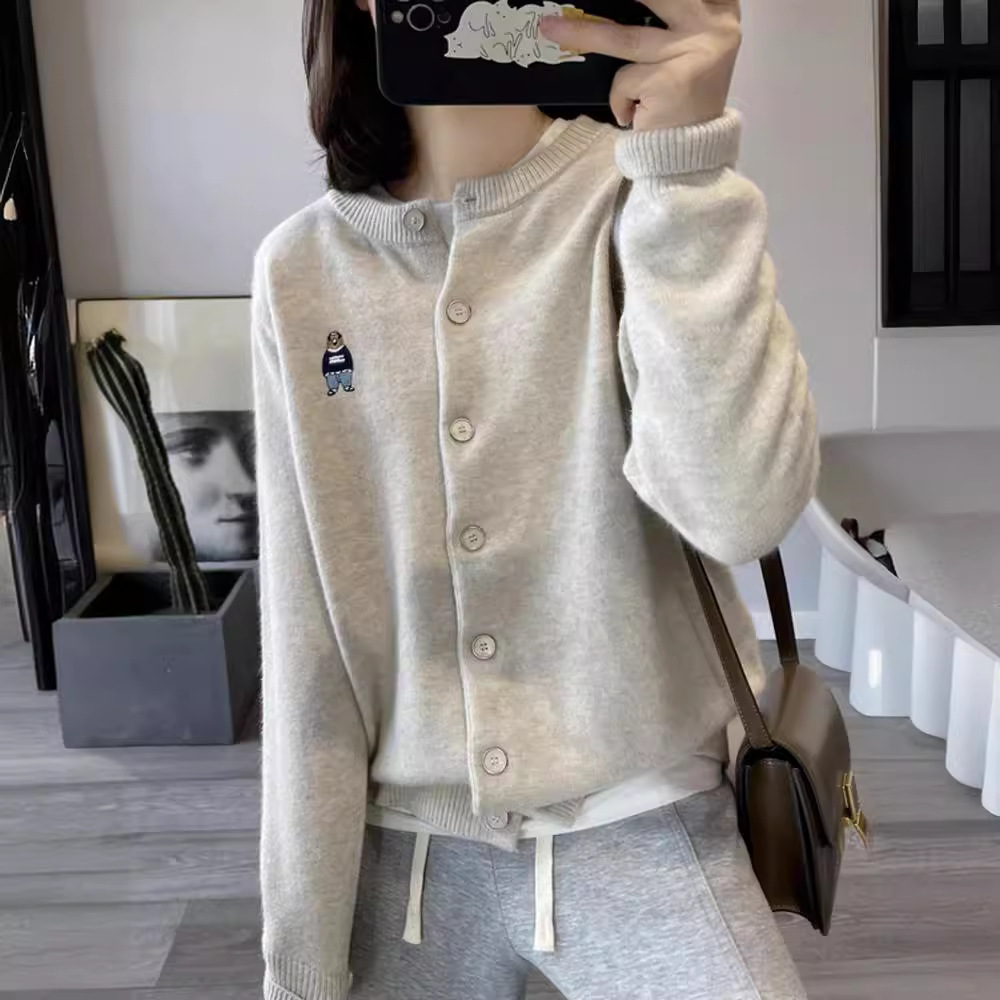 Women's Clothing bear wool sweater women's cashmere cardigan autumn and winter 100 round neck long sleeve sweater coat knitted sweater