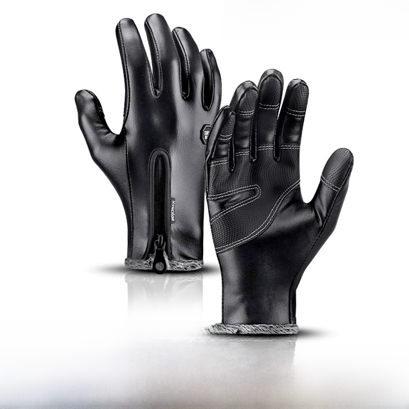 Warm winter cycling gloves Outdoor PU leather zipper windproof fleece waterproof touch screen sports ski gloves