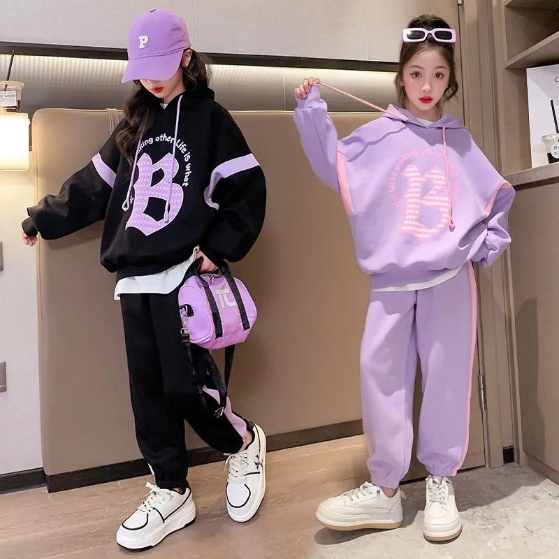 Girls' Hoodie Spring And Autumn 2023 New Western-style Women's Clothing Children's Autumn Edition Loose Two-piece Set