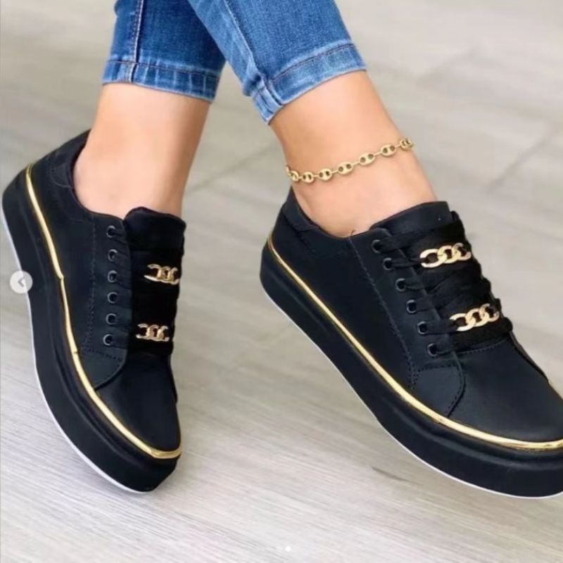 Women Metal Chain Sneakers Thick Bottom Low-top Sports Shoes Lace Up Flats Lightweight Walking Trainers Deportivas De
