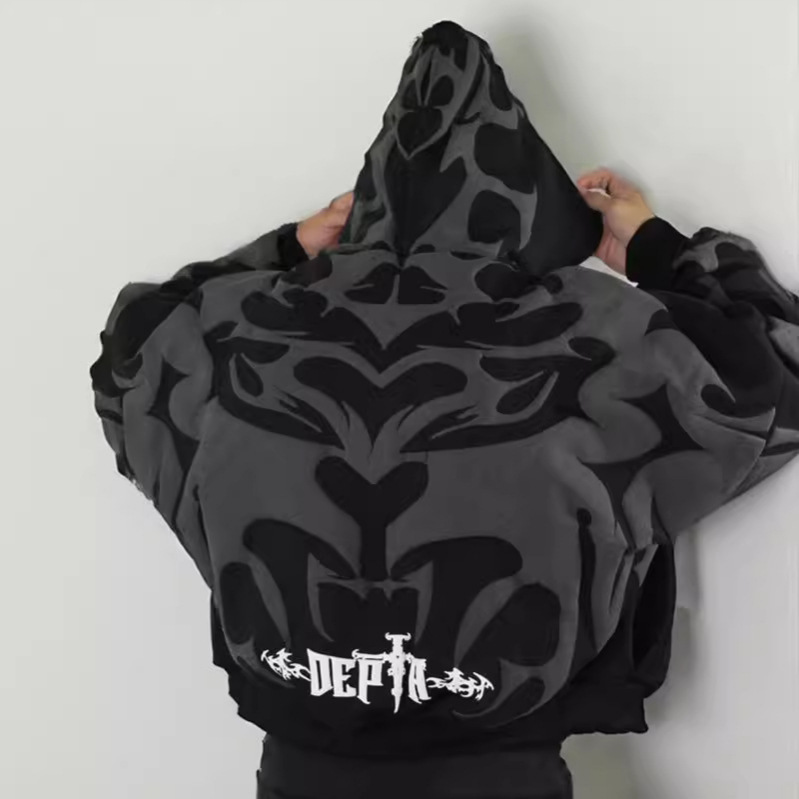 Men's Clothing Gothic Print Zipper Sweater Hoodie New Autumn And Winter Warm