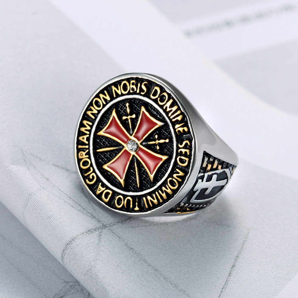 Hot selling men's gold and red cross ring, stainless steel retro cross ring, diamond studded titanium steel ring