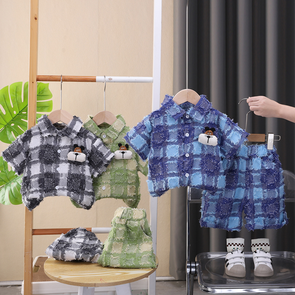 Boys' Summer Outfit, Children's Trendy Clothes, Baby Big Plaid Cute Doll Shorts Two-piece Set