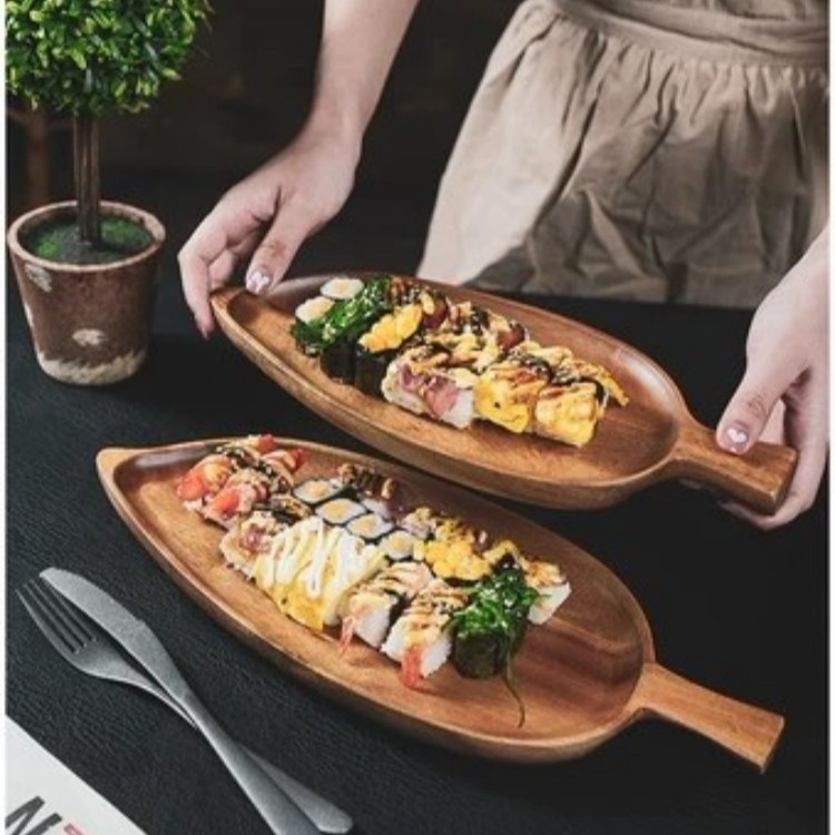 ​Acacia Wood Leaf-Shaped Serving Tray – Elegant Tea Party Platter For Sushi Snacks & Desserts (Stylish Wooden Display Board Handcrafted)​