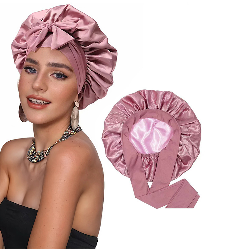 Popular double layer satin nightcap bow ribbon round hat   silk beauty hair care hat wide brim hat