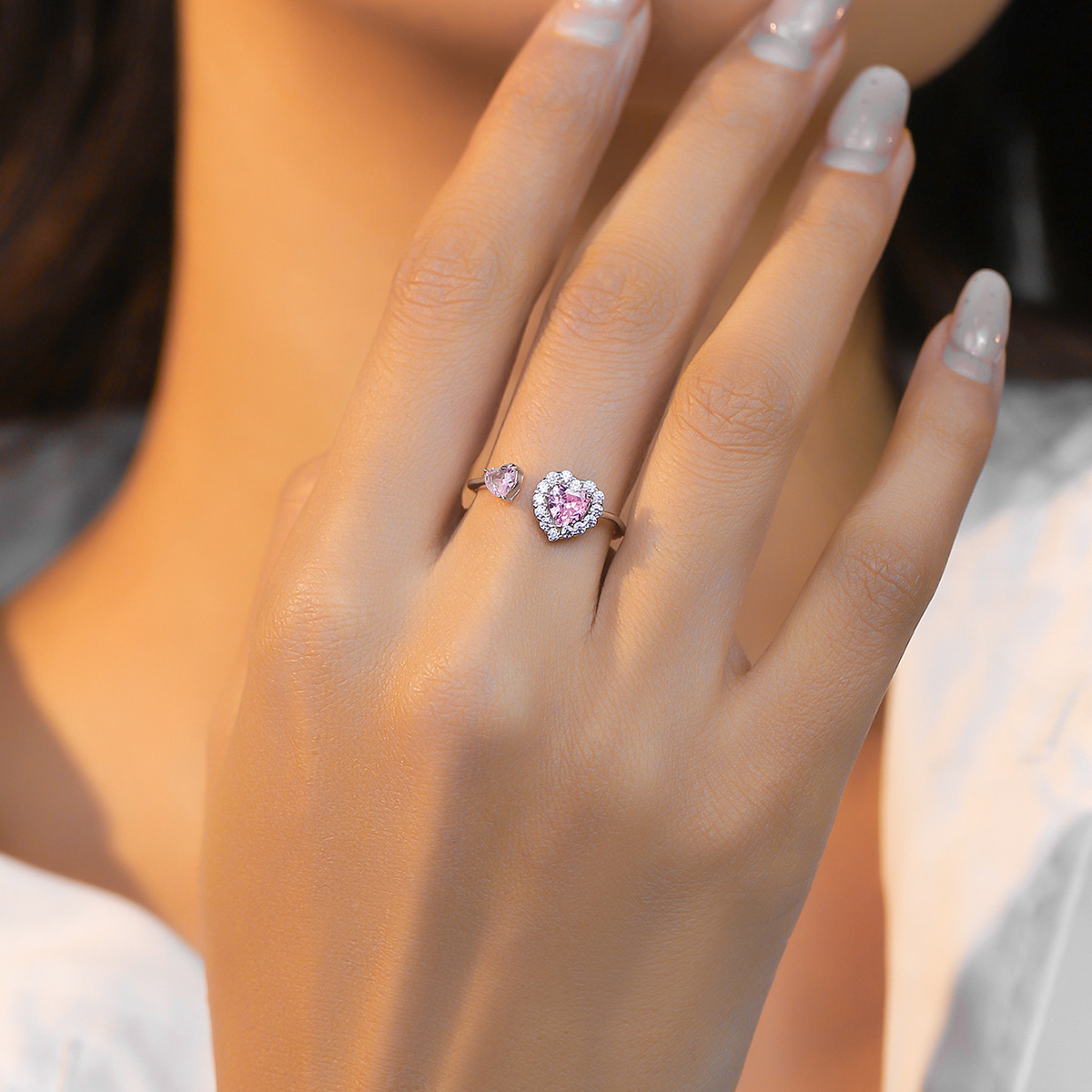 S925 Silver Ring Female Simple Pink Love Ring Heart Sweet Adjustable Ring Open Ring Zircon Jewelry