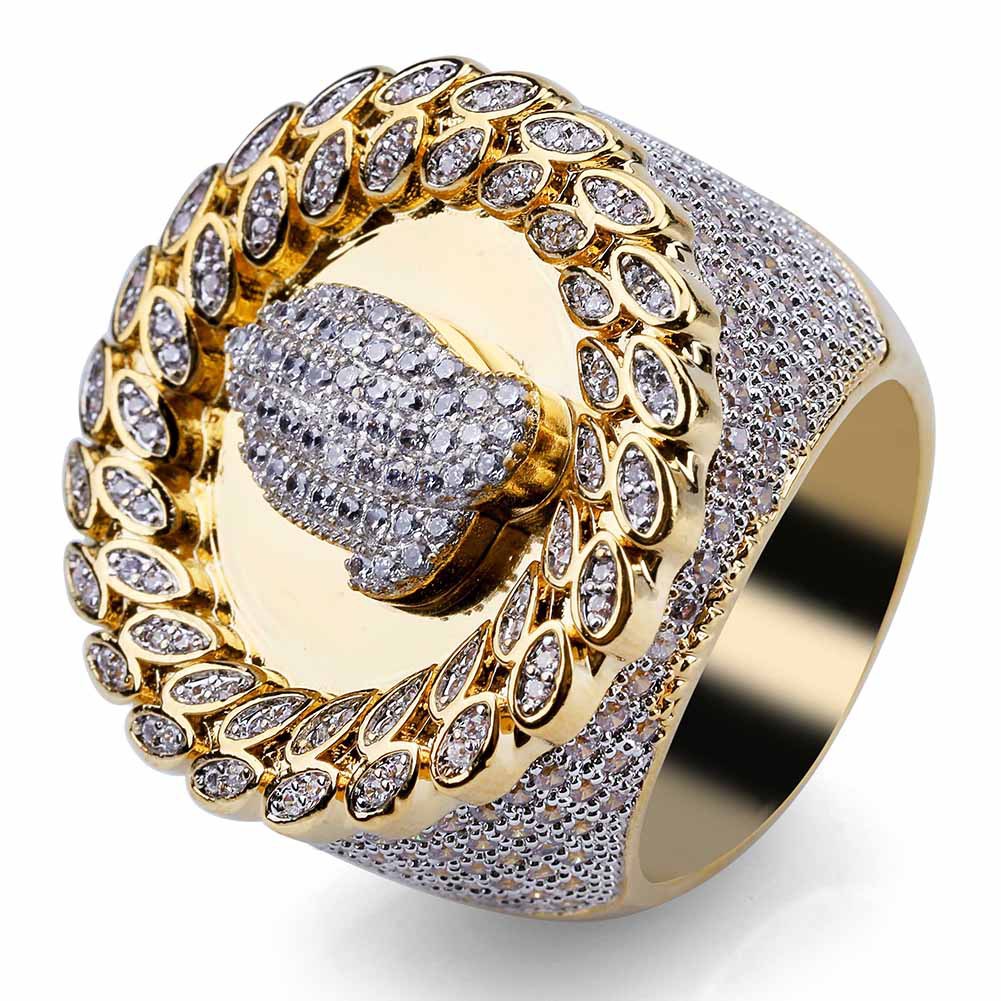 Men's Prayer Hand Signet Ring With Micro-Pave Zirconia, Hip Hop Style Bold Statement Ring In Gold Tone, Sizes 8-12 Hip Hop Large Men's Ring