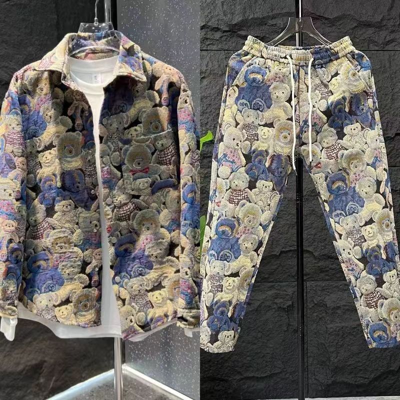 Spring/Autumn new jacquard teddy bear trendy coat, floral pants, internet famous, and the same style of ruffian handsome Harlan