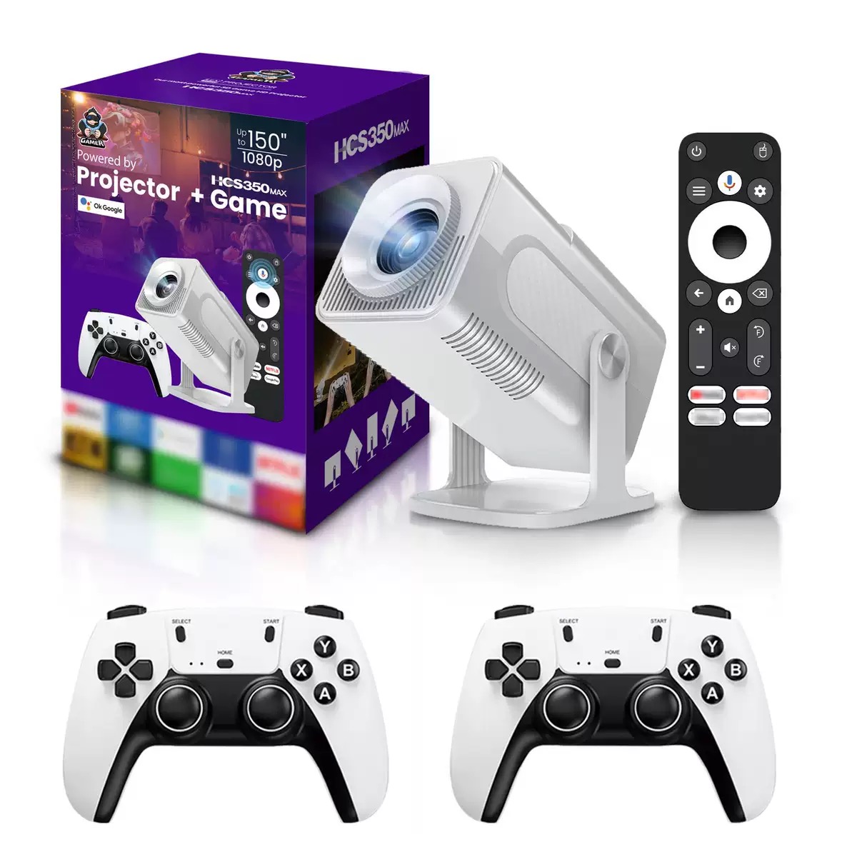 HCS350Max Game Console Projector Upgraded White Home Theater Voice Control Portable Beamer 720P Native With Simulator