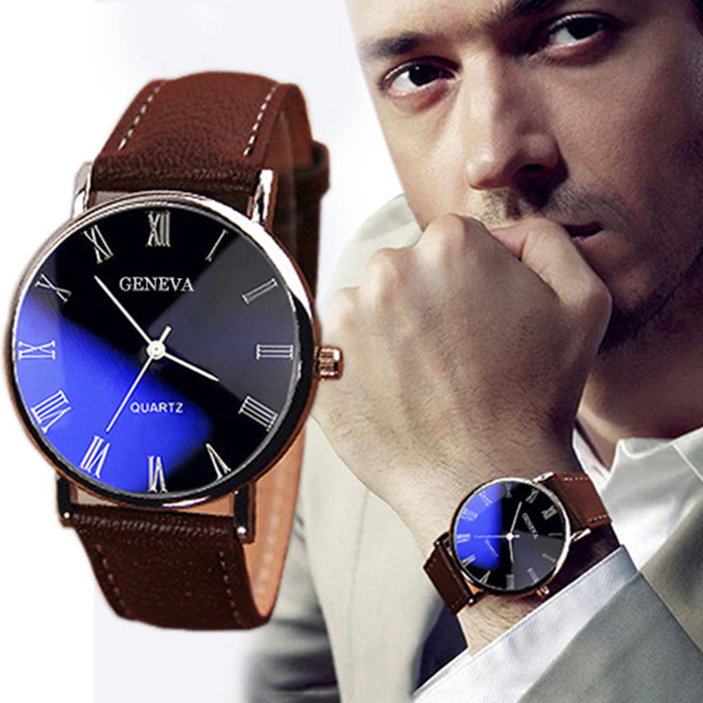 Yamaler Men Roman Numerals Blu-Ray Leather Band Quartz Analog Business Wrist Watch
