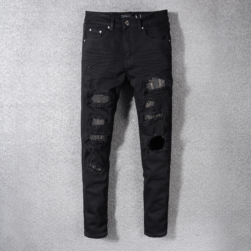 Men's Clothing Fashion Brand Fashion Black Ripped Jeans For Men Young Men Diamond Studded Elastic Slim Fitting Skinny Pants Trend