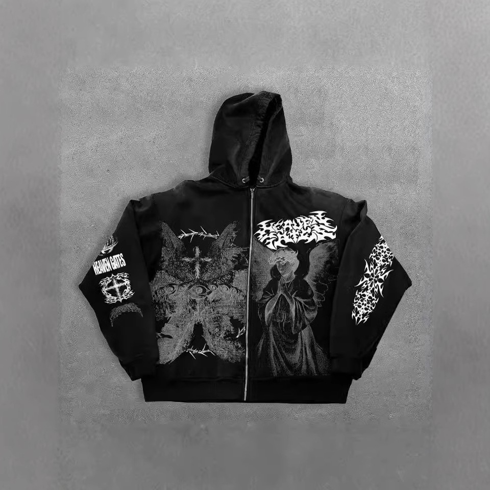 New Angel Print Hoodie Zipper Unisex Loose Sweater Y2K Retro Style