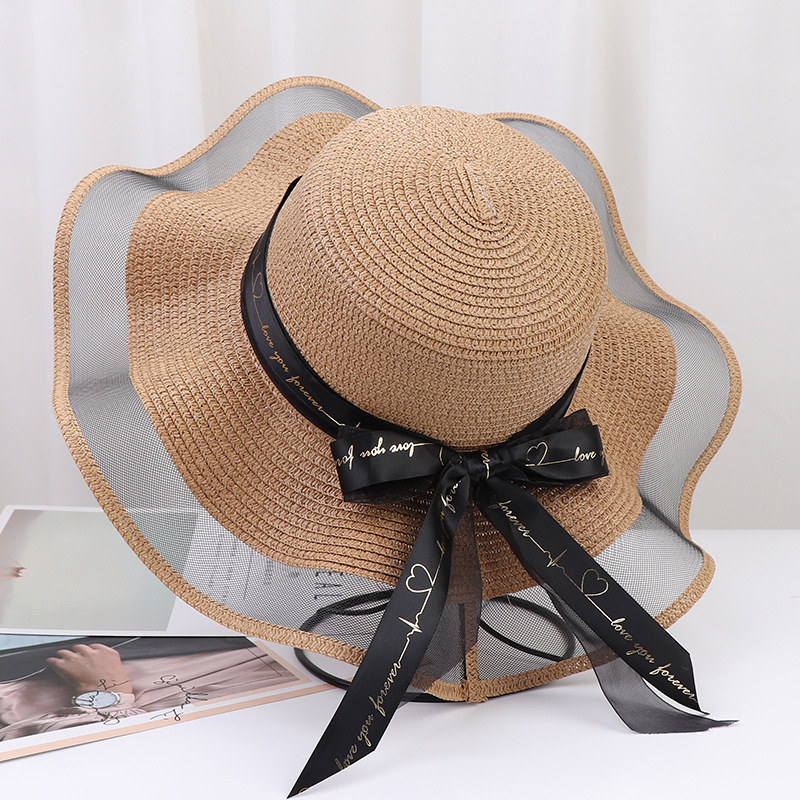 Wide Brim Bowknot Ribbon Beach For Women Summer Outdoor Sunshade Fashion Round Top Straw Hat Trendy