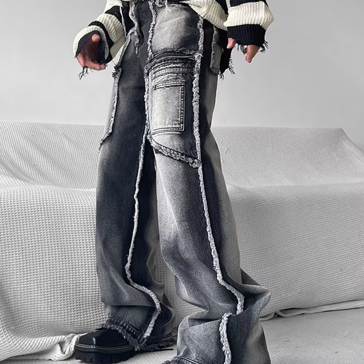 Men's Clothing High street niche design work jeans men's loose straight autumn and winter raw edge casual trousers ins trend