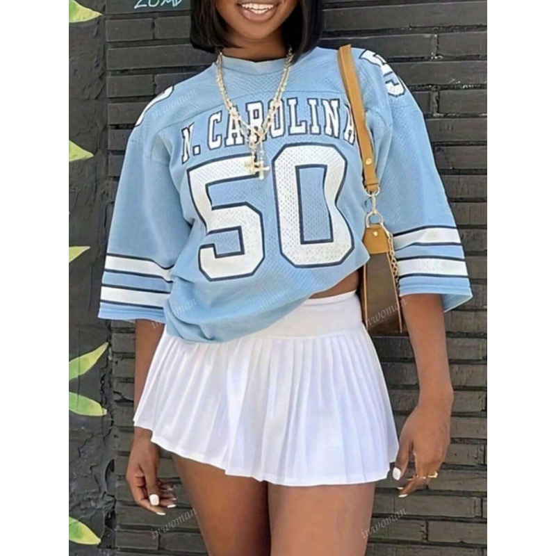 Women's Clothing Summer Casual Blue Letter Printed T Shirt Women's Round Neck Short Sleeve Harajuku Football Jersey Streetwear Y2K