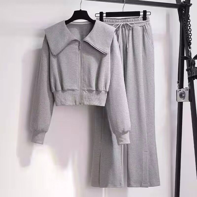 Damenbekleidung, modischer lässiger Pullover, lässiges Trainingsanzug-Set, kurzes bauchfreies Top, Hose mit weitem Bein, zweiteiliges Outfit, Herbst-/Wintermode, Sweatshirt, Jogger-Set