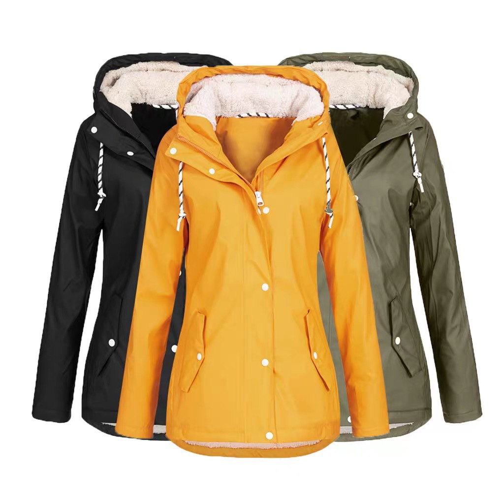 Women's solid color medium long hooded mountaineering coat plus large size outdoor windbreaker coat