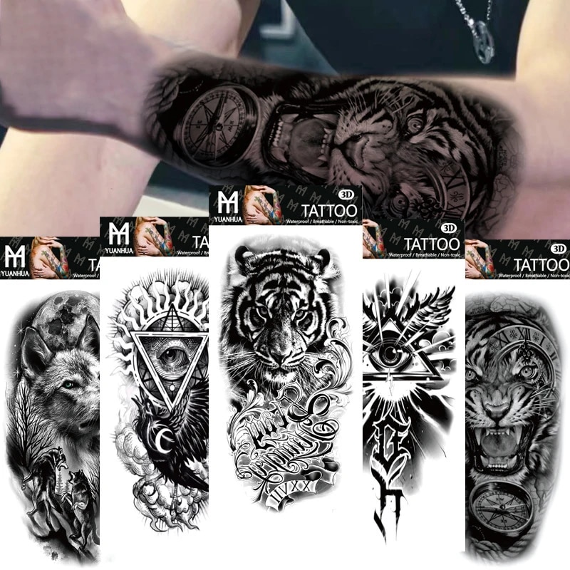 Waterproof Temporary Fake Tattoo Upper Arm Human Wolf Head Totem Arabic Text One-time Fake Tattoo Male Female Stickers Boy Girl