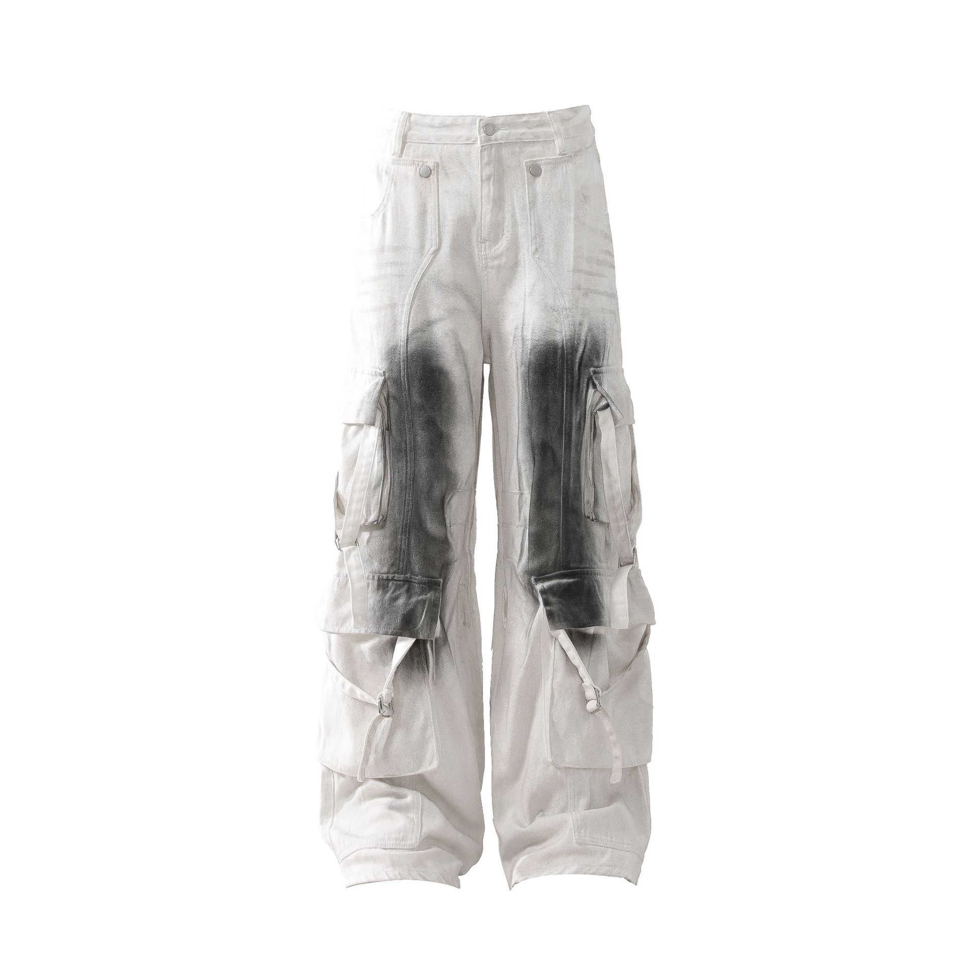 Men's Clothing American High Street Multi Pocket Ribbon Dirty Overalls Make Dirty Niche Vibe Wide Leg Casual Trousers