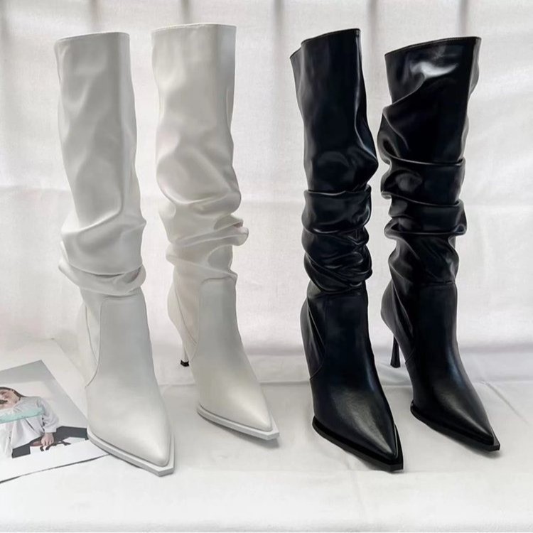 Pointy pleated high boots women's hipster skinny pile boots High heels above the knee