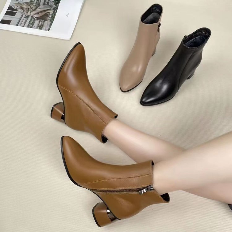 Winter Pointed High Heel Short Boots Soft Leather Women's Coarse Heel Martin Boots Spring and Autumn Single Boots Medium Heel Soft Leather Shoes