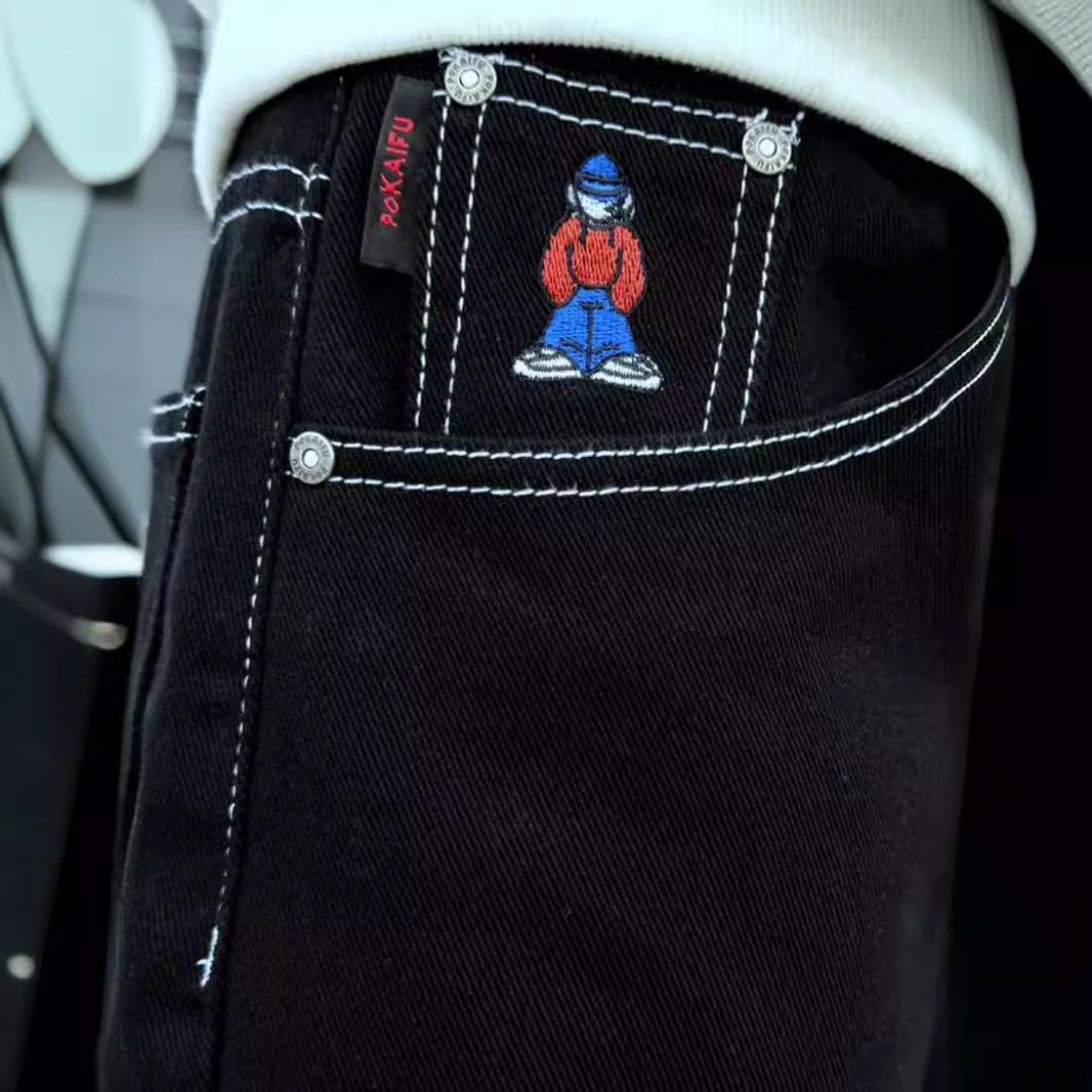 Men's Clothing New Y2K Hip Hop Skateboard Loose PoKAIFU Cartoon Embroidery Casual Denim Jeans