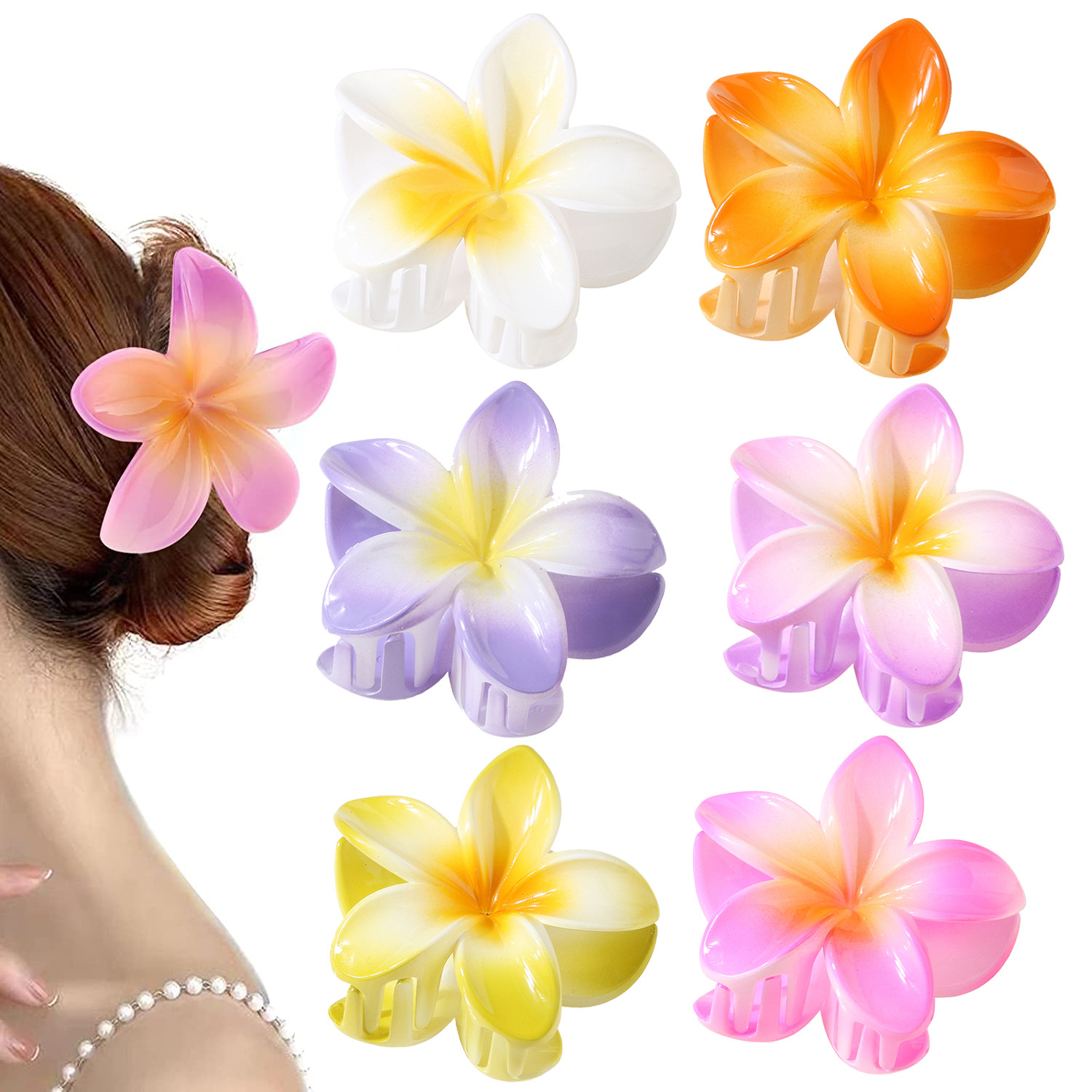 Women's Hair Accessories Gradient Color Flower Hair Clip Seaside Vacation Travel Hair Shark Clip Plumeria Hair Clip