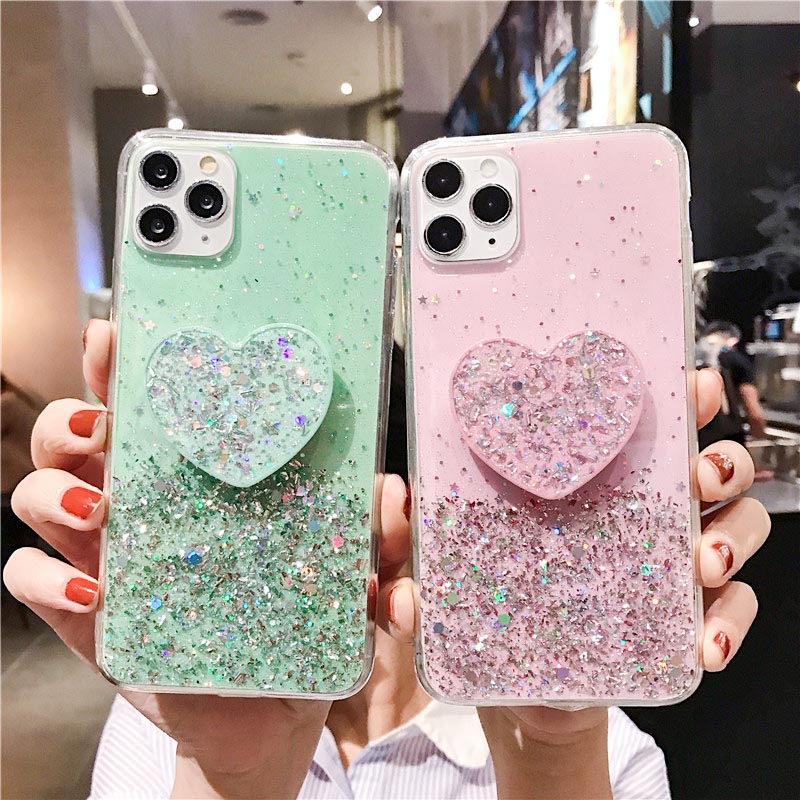 For iPhone 12 11 Pro Max Mini Case iPhone XR XS Max X Bling Glitter Cover For iPhone 7 8 6 6S Plus SE 2020 Heart Holder