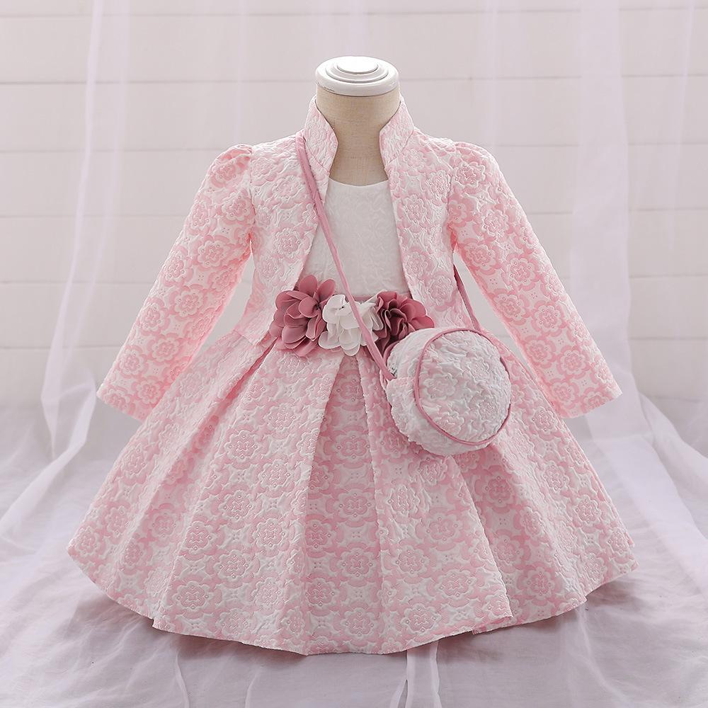 Children's new infant and young children's dress baby's first birthday party suit bubble cloth printed pleated long-sleeved dress