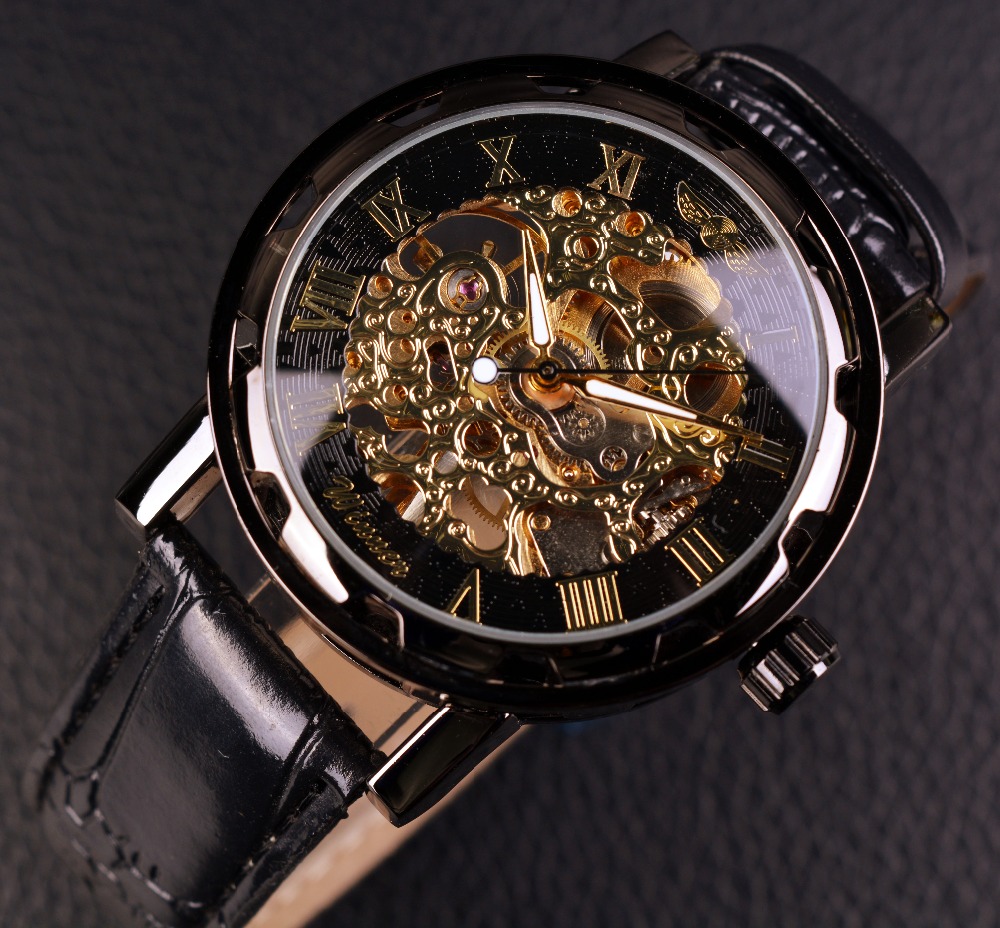 Winner Business Male Mechanical Watch Leather Strap Watch Luxury Watch Skeleton 3D Literal Design Wristwatch