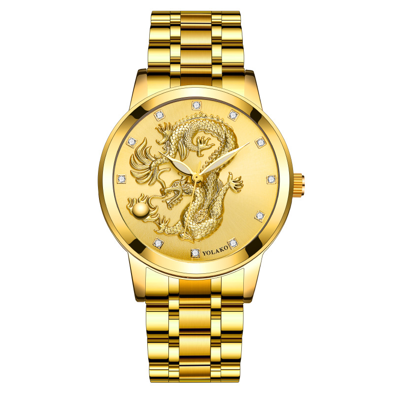 Men's Quartz Watch Men's Watch Diamond Yellow Gold Luminous Waterproof Steel Belt Relief Dragon Totem Watch