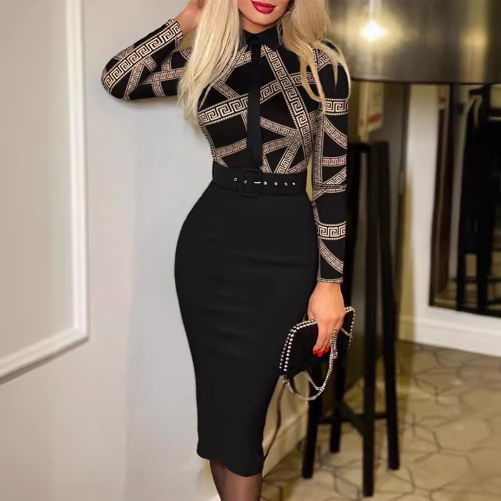 Women's printed long sleeve ribbon dress