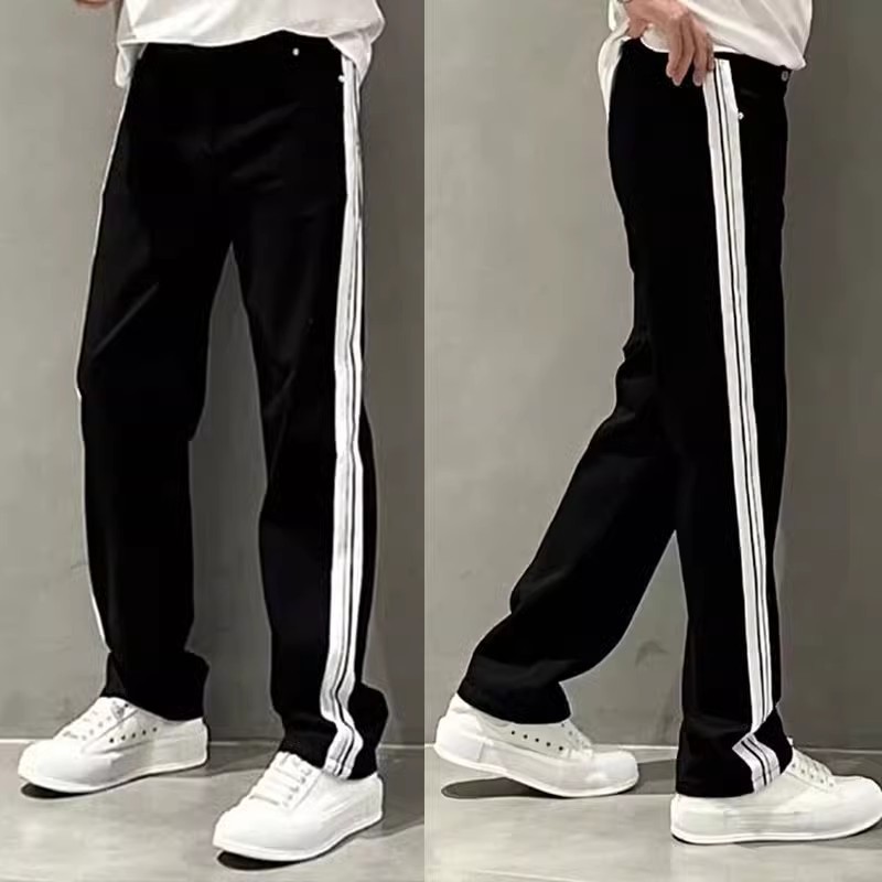 men's Trendy Brand Ribbon Stitching Loose Straight Casual Pants Boys Autumn New Wide-leg Long Pants