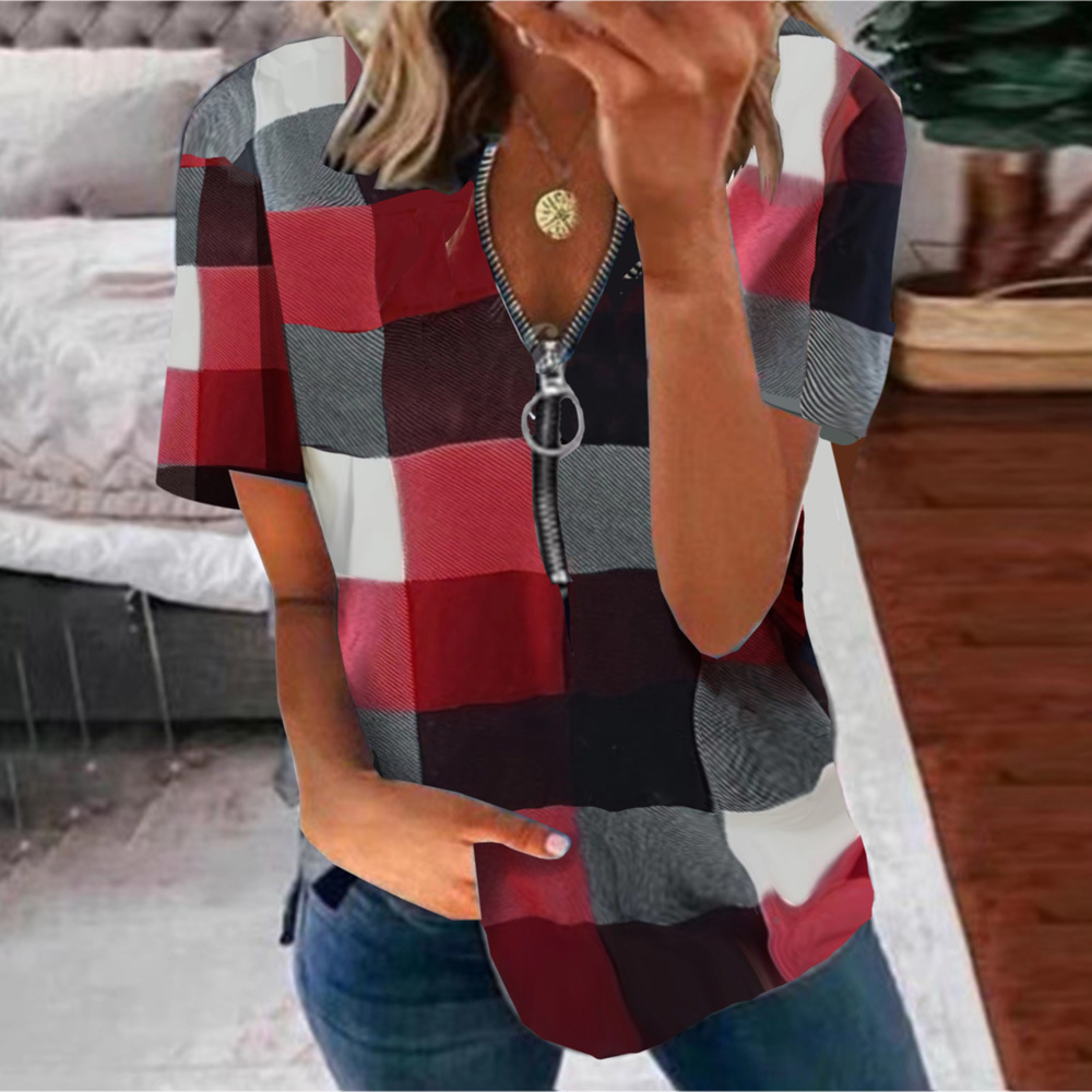 Women's Plaid Print Short Sleeve T-Shirt With Zipper Detail - Casual Streetwear Top