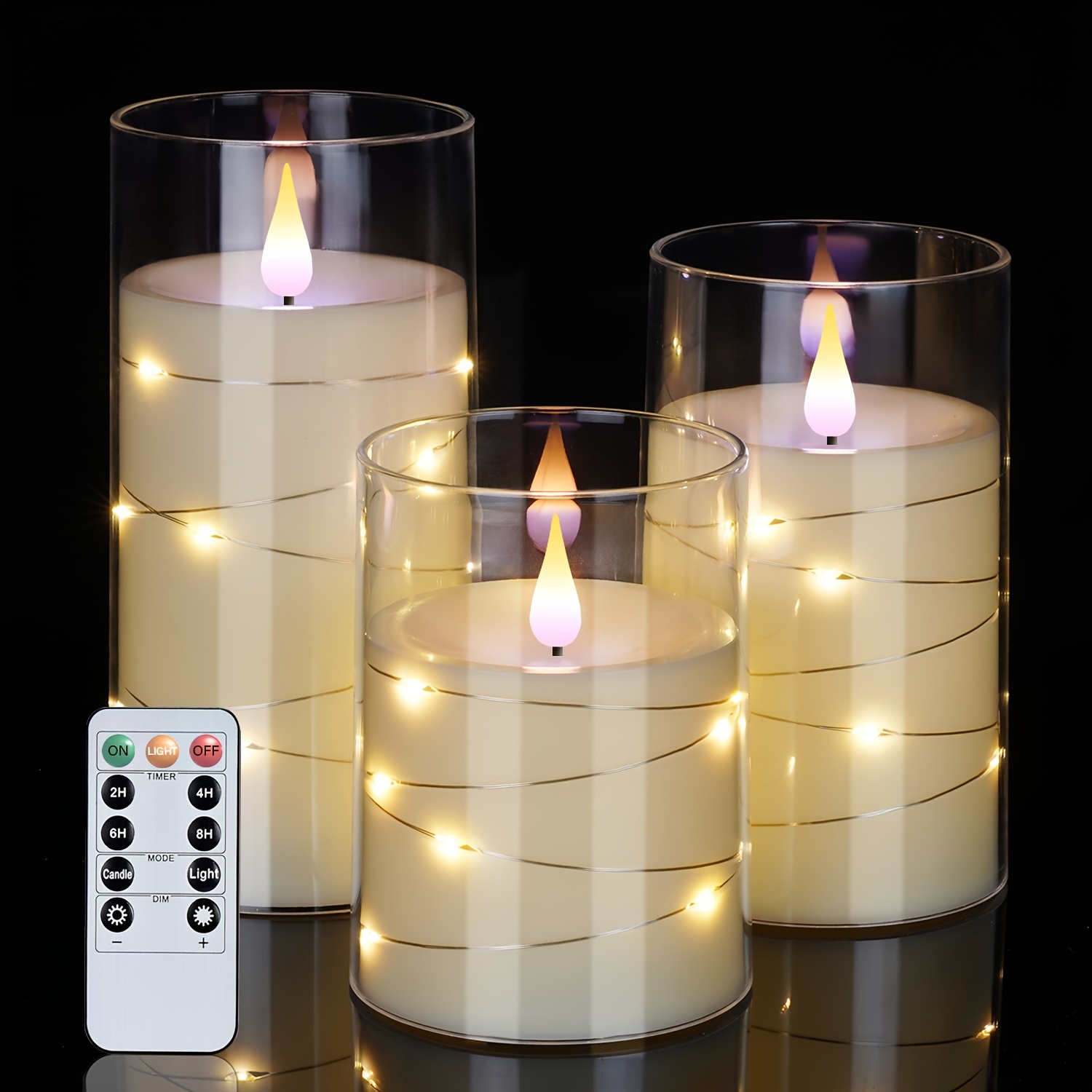 3pcs Flickering Flameless Candles With String Lights, Embedded String Lights LED Candles With Remote, Battery Operated Candles, Unbreakable Candles, I