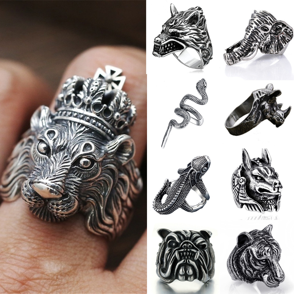 Retro-Punk-Tier-Ring, Eidechse, Löwe, Pharao, Hund, offene Größe, verstellbarer Ring